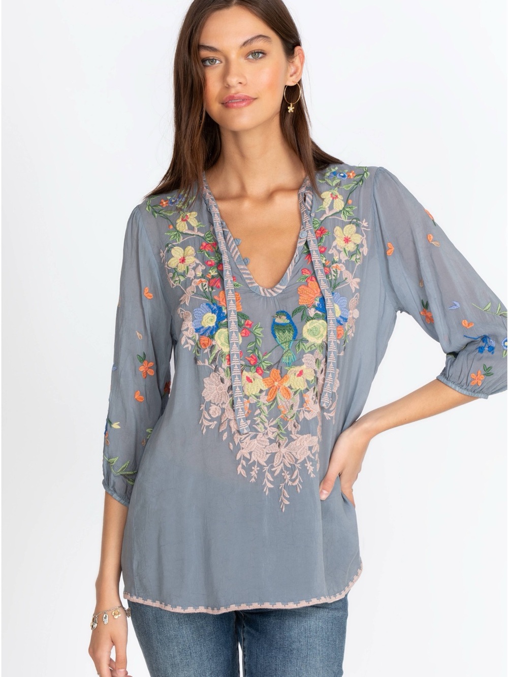 Johnny WasEmbroidered V-Neck Peasant Blouse - Slate Blue